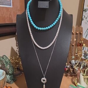 Layered Turquoise Bead and Silver Chain Necklace Set - Women Jewelry